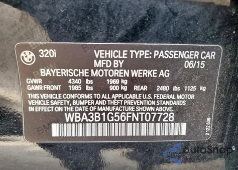 2015 BMW 320 I from USA, damaged, VIN WBA3B1G56FNT07728
